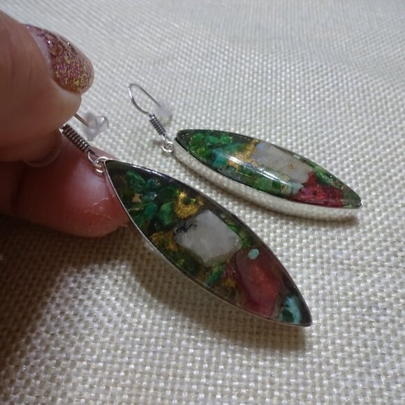 Beautiful OYSTER TURQUOISE Handmade Sterling 925 Dangle Earrings #168C - Picture 2 of 3